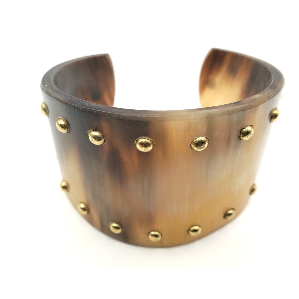 Wide Horn Look Studded Cuff Bracelet 2" Statement Resin Acrylic Gold Tone